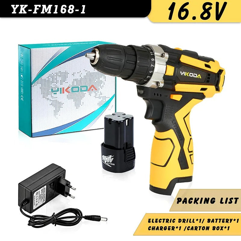 YIKODA 12/16.8/21V Cordless Drill Rechargeable Electric Screwdriver Lithium Battery Household Multi-function 2 Speed Power Tools